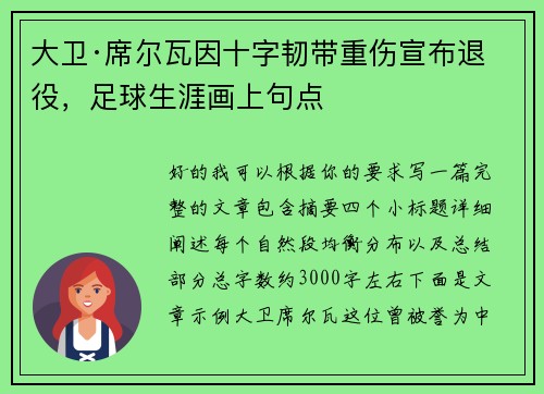 大卫·席尔瓦因十字韧带重伤宣布退役，足球生涯画上句点