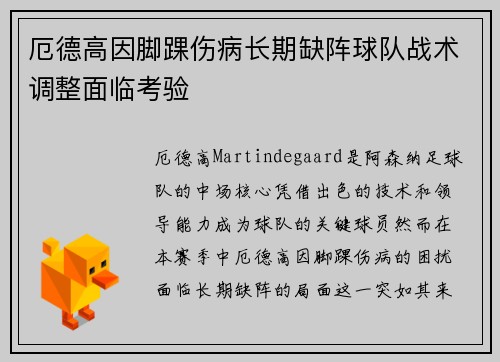 厄德高因脚踝伤病长期缺阵球队战术调整面临考验
