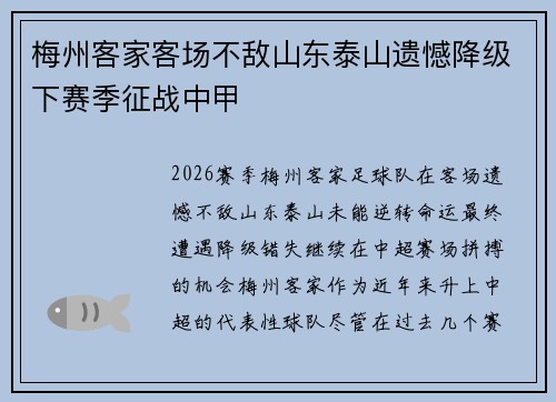 梅州客家客场不敌山东泰山遗憾降级下赛季征战中甲