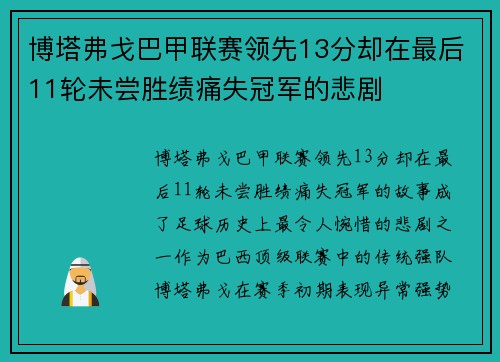 博塔弗戈巴甲联赛领先13分却在最后11轮未尝胜绩痛失冠军的悲剧